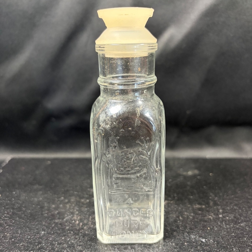 Honey Acres Vintage Glass Bottle 4oz Embossed Skep Beehive with Stopper
